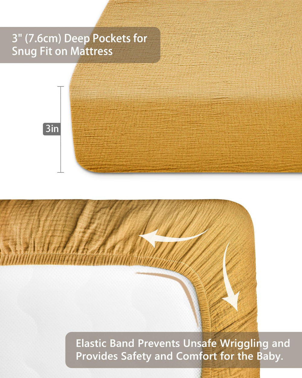 Meowcards pack-n-play sheet mustard highlighting breathable comfort