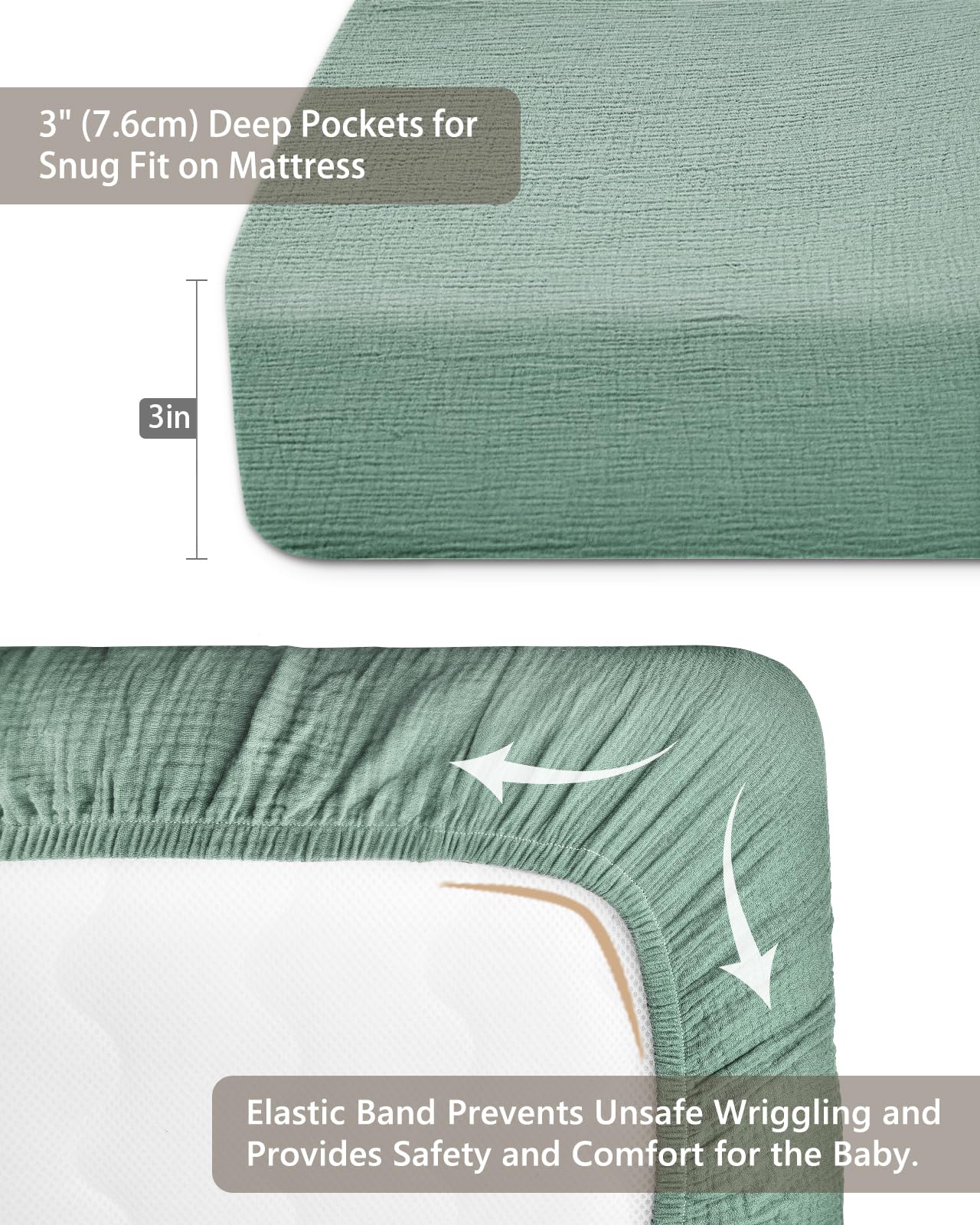 Meowcards pack and play sheet Roman Green close-up fabric highlighting soft muslin texture for baby's skin.