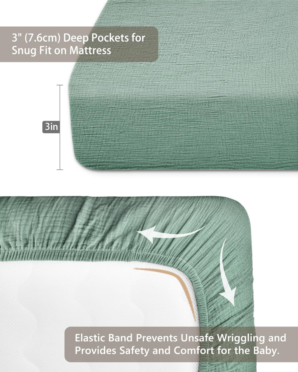 Meowcards pack and play sheet Roman Green close-up fabric highlighting soft muslin texture for baby's skin.