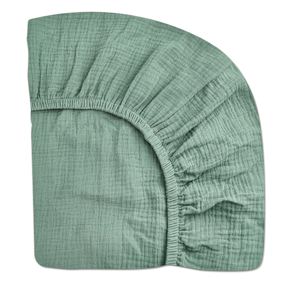 Meowcards pack and play sheet Roman Green main view shows boho style and breathable muslin comfort.