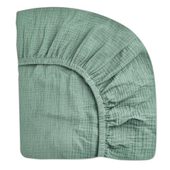 Meowcards pack and play sheet Roman Green main view shows boho style and breathable muslin comfort.
