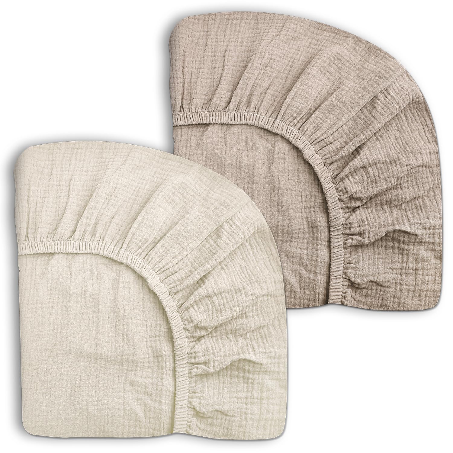 Meowcards pack-and-play sheets in beige and cream folded showing soft muslin for baby sleep comfort
