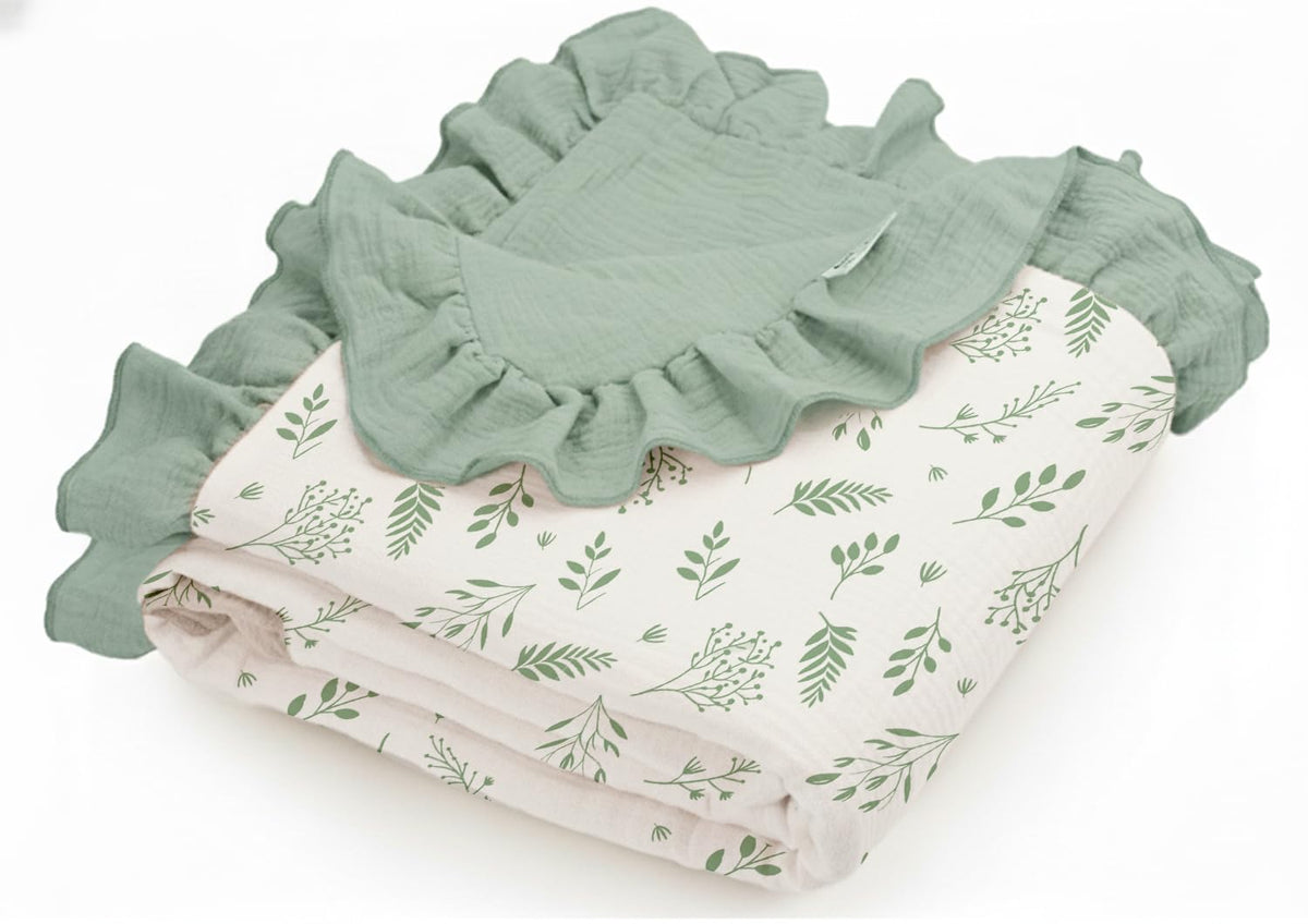 Meowcards ruffled muslin swaddle in Leaf C & Sage with soft texture.