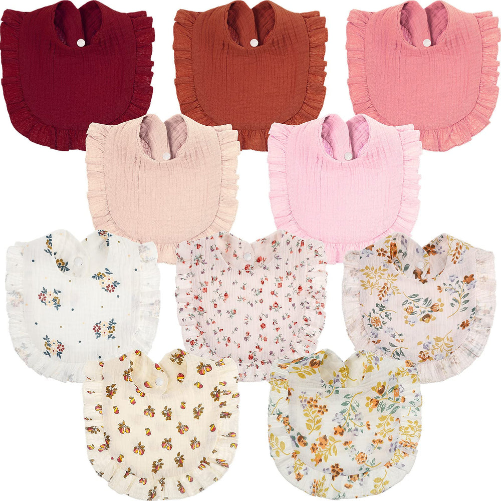 Mepase large muslin bibs variety styles show soft cotton texture for gentle drool management.