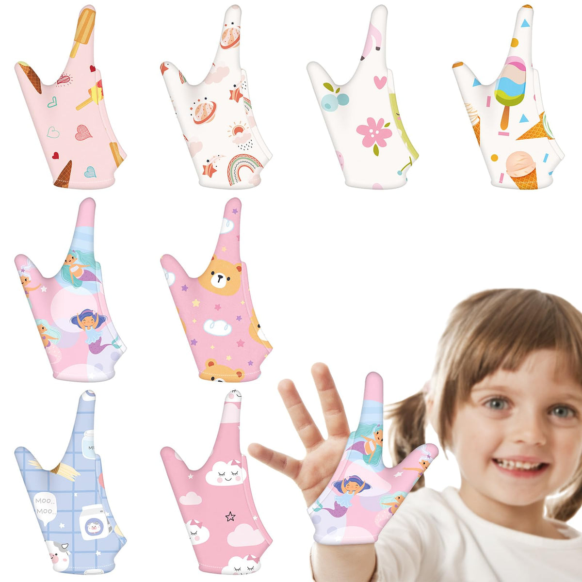 Mepase thumb-sucking guard gloves package shows eight pairs for kids, ready for daily use.