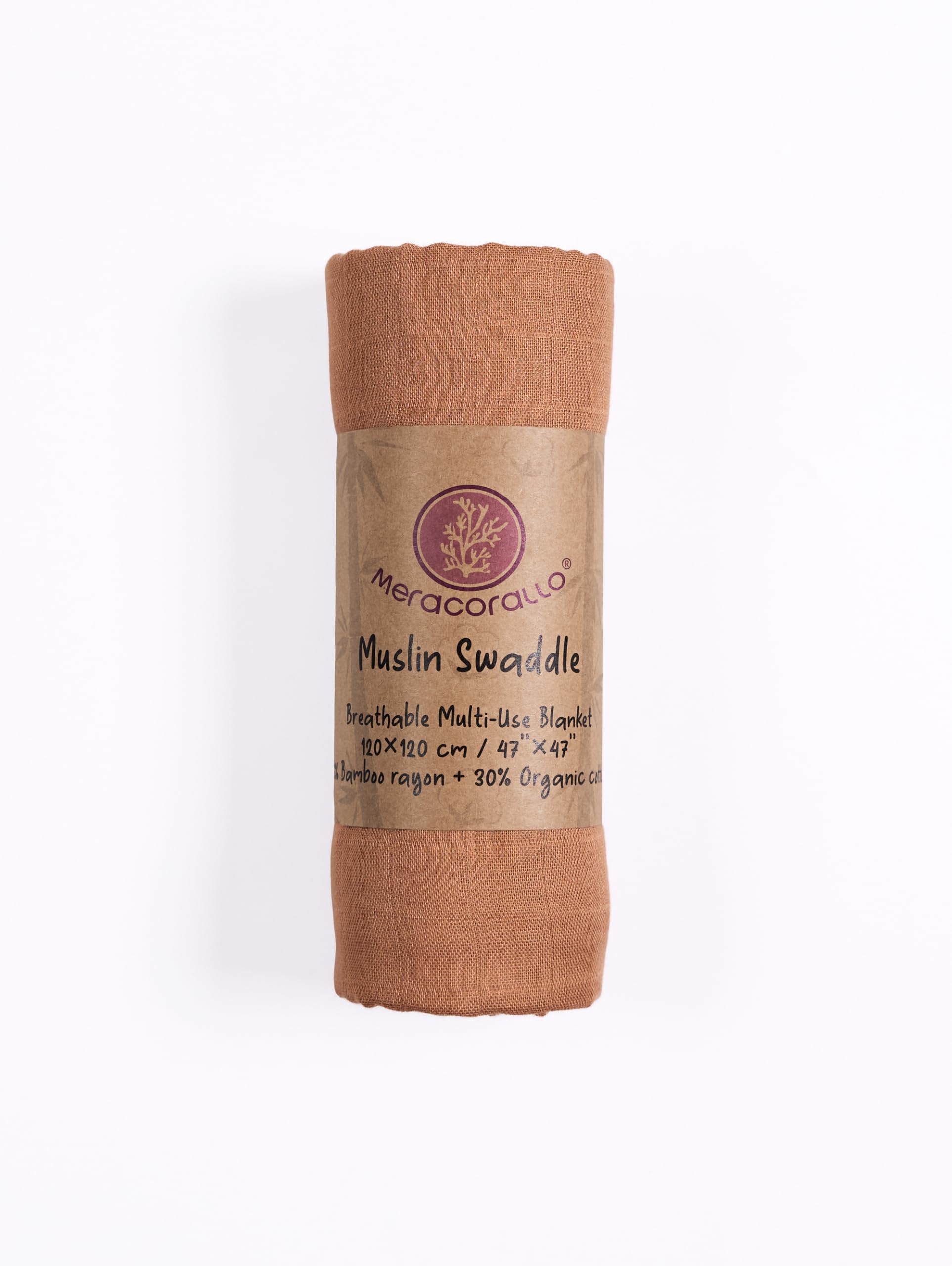 Meracorallo camel muslin swaddle blanket close-up highlights breathable bamboo-cotton blend