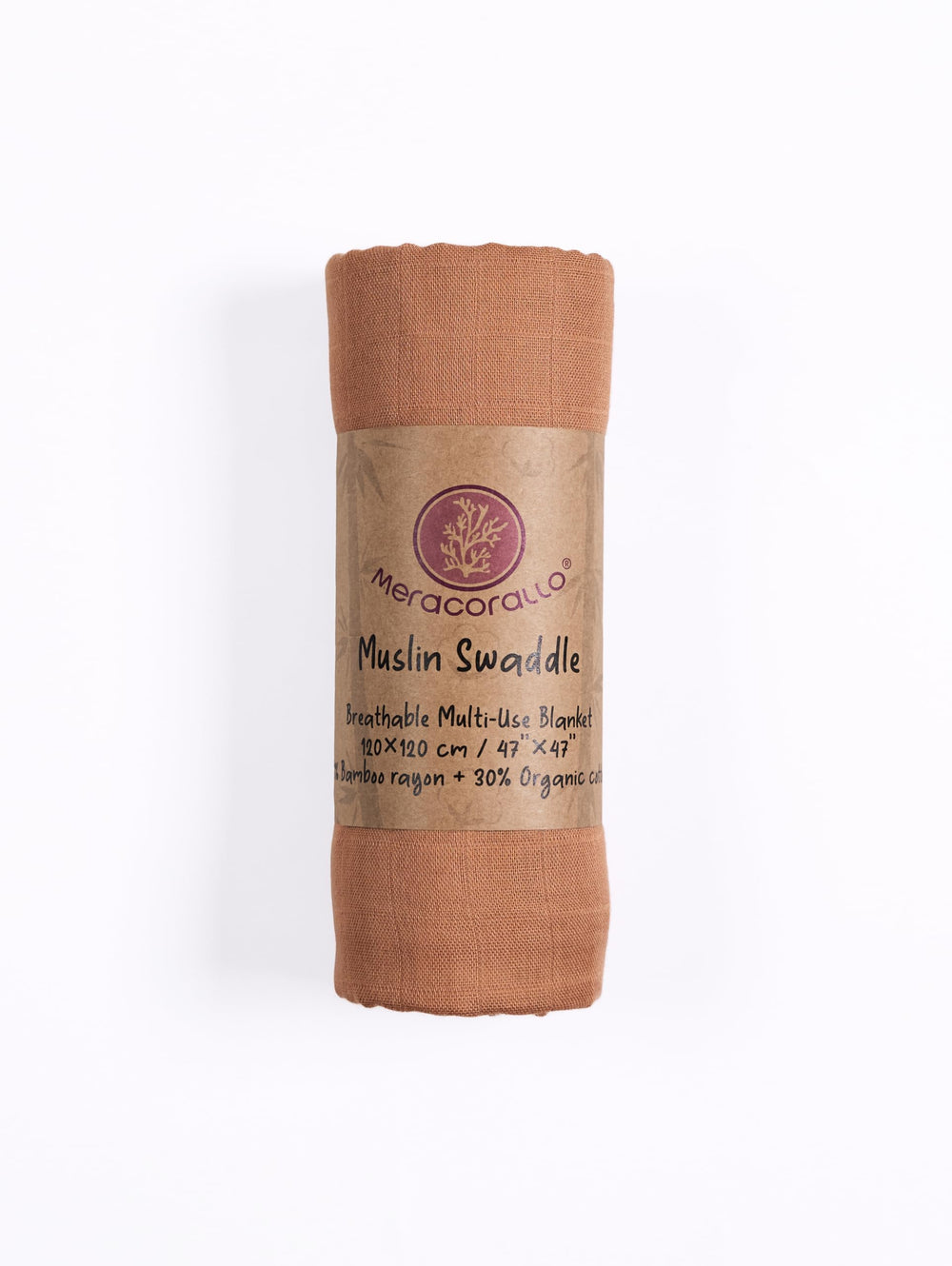 Meracorallo camel muslin swaddle blanket close-up highlights breathable bamboo-cotton blend