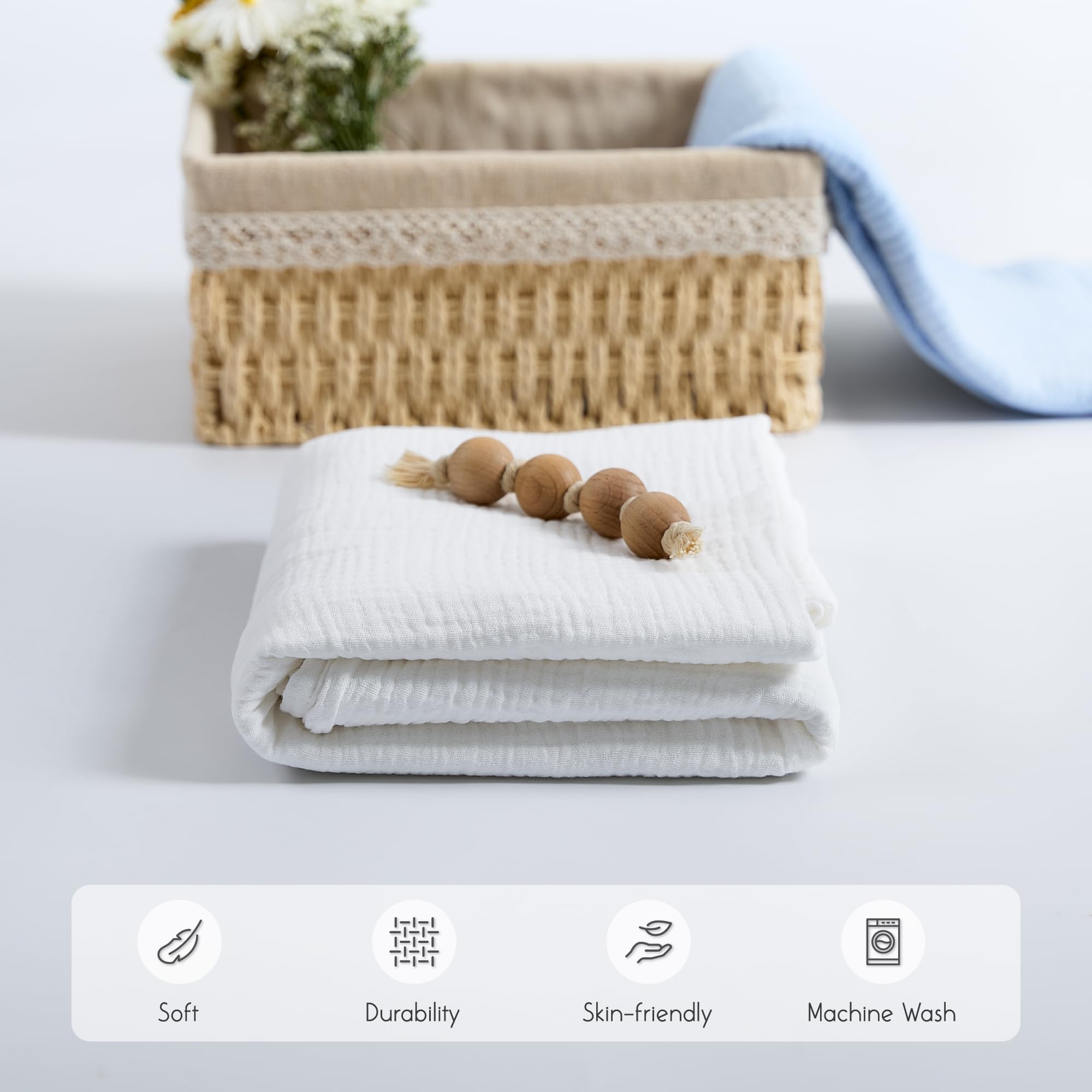 Meracorallo muslin swaddle blanket sized 110x110 cm for versatile use.