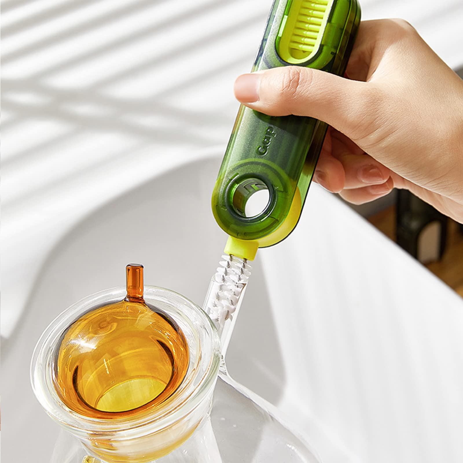 Meritpick bottle cleaner set wide-application image demonstrates use on baby bottles and decanters.