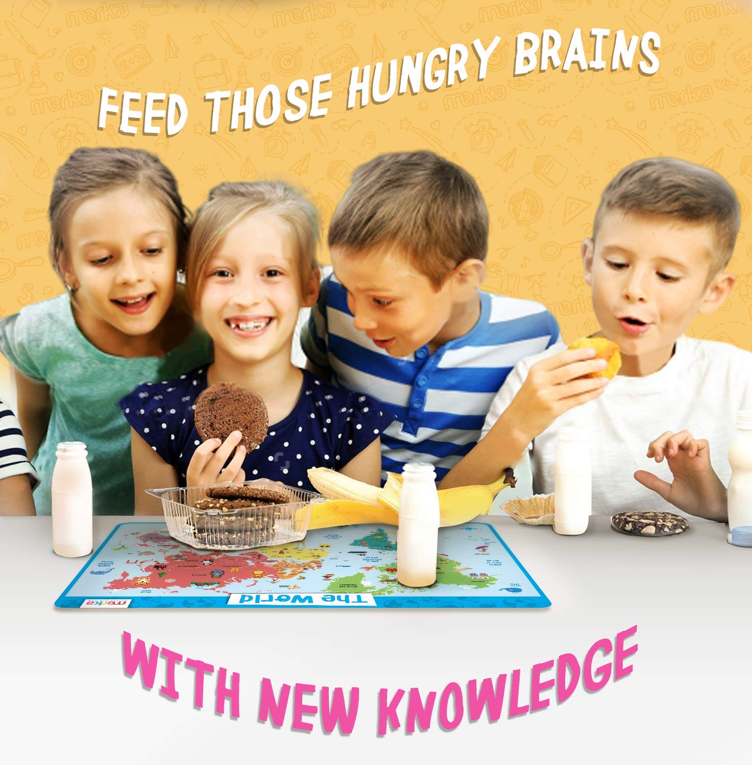 merka continents and oceans illustration helps kids identify places during mealtime.