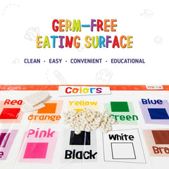 Merka placemats showcasing letters, numbers, and colors for playful learning during meals.