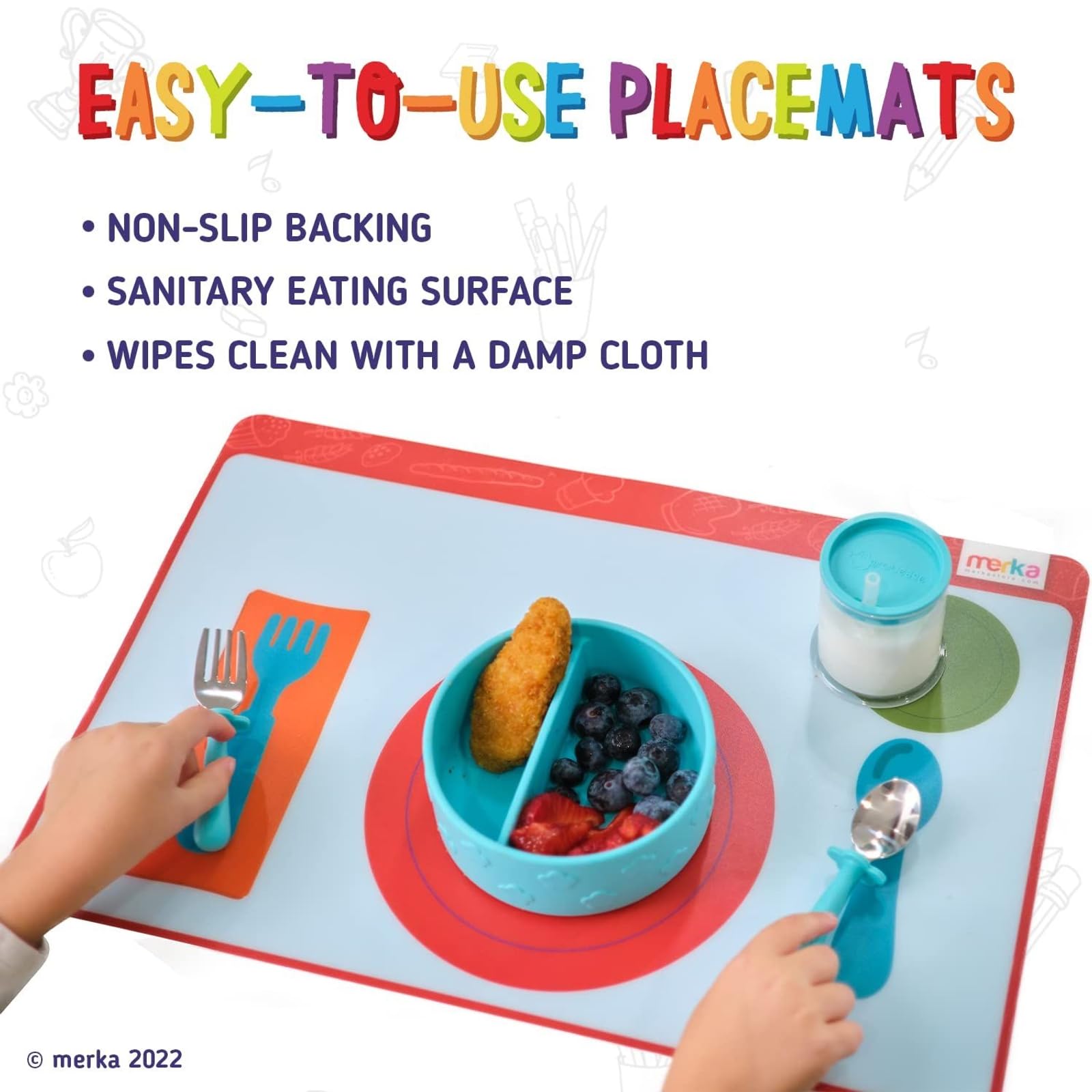 Merka placemat classroom-mealtime scene emphasizes learning-friendly dining.