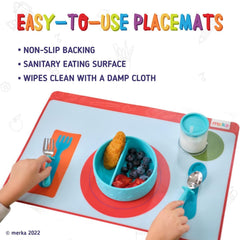 Merka placemat classroom-mealtime scene emphasizes learning-friendly dining.