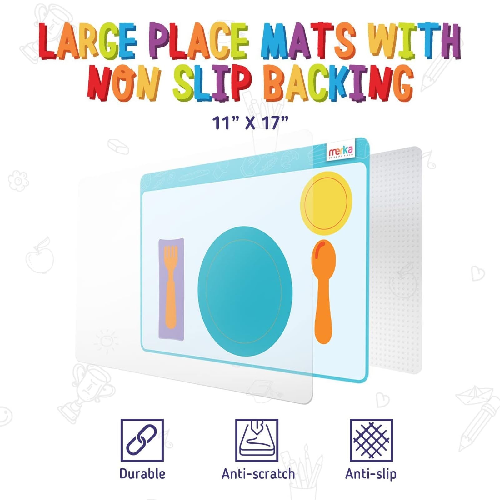 Merka placemat illustrated graphics support fine motor skill development.