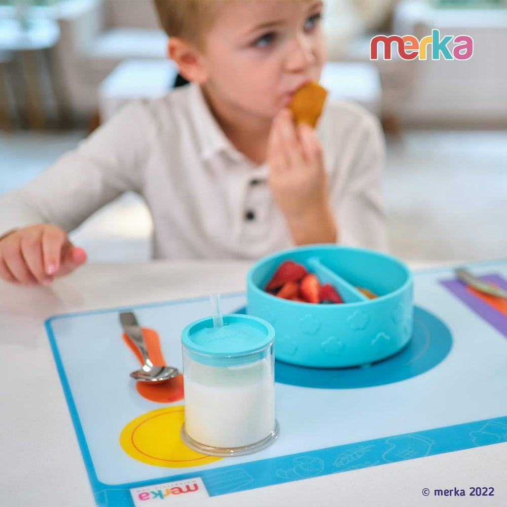 Merka placemat helps kids learn table manners during meals.