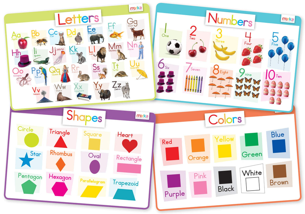 Merka silicone learning placemats feature letters and numbers for on-table learning.