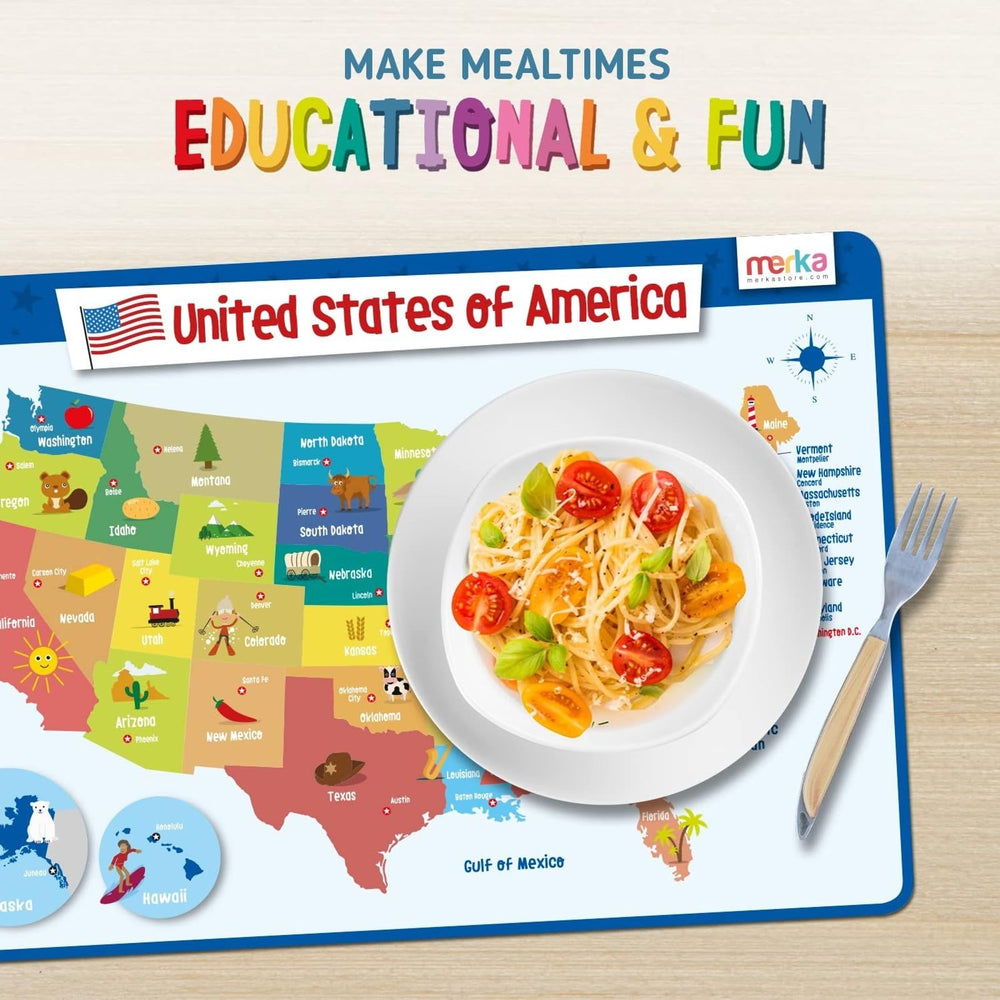 Merka United States Map Placemat supports home and school activities with portable learning.