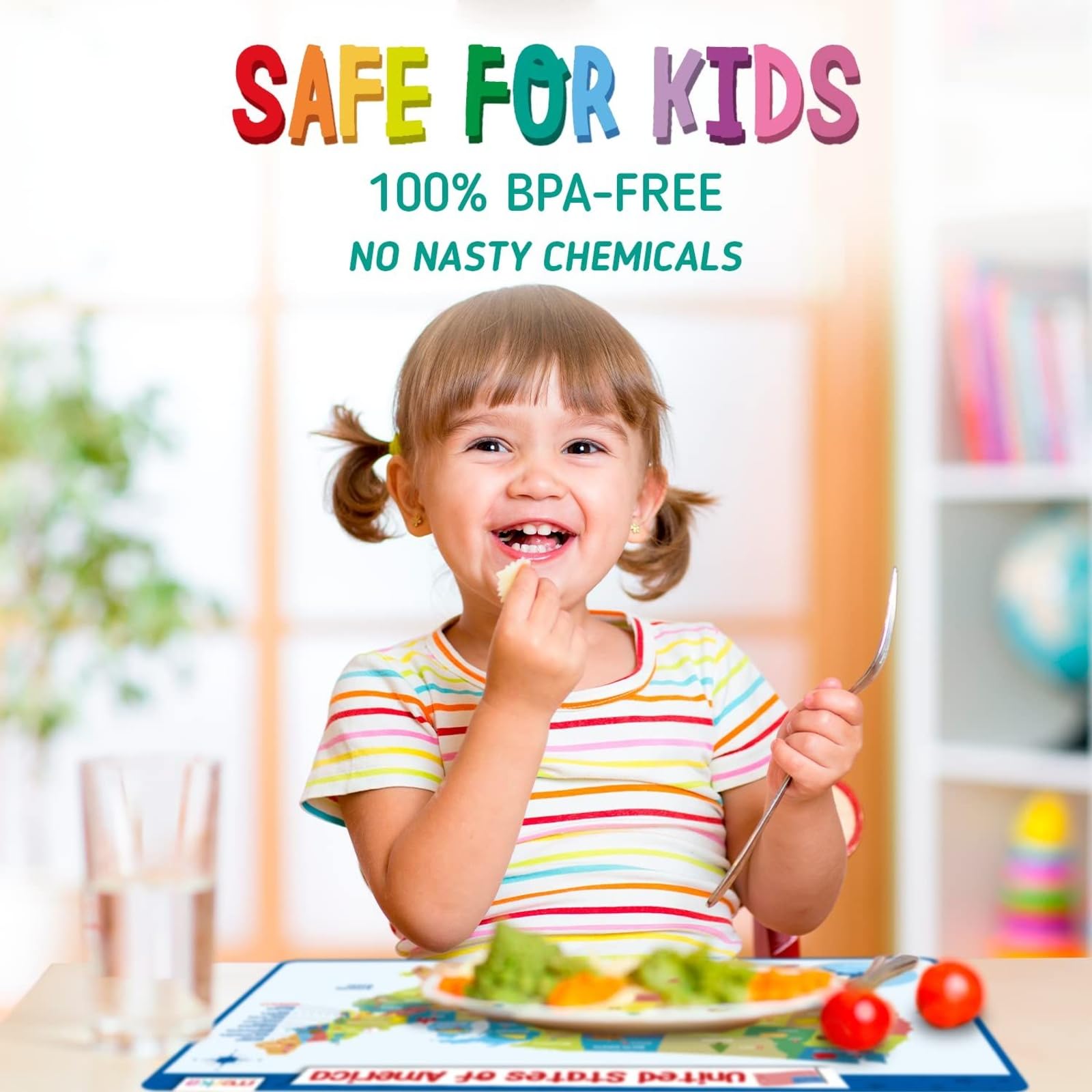 Merka United States Map Placemat offers reusable, kid-friendly dining for repeat learning sessions.
