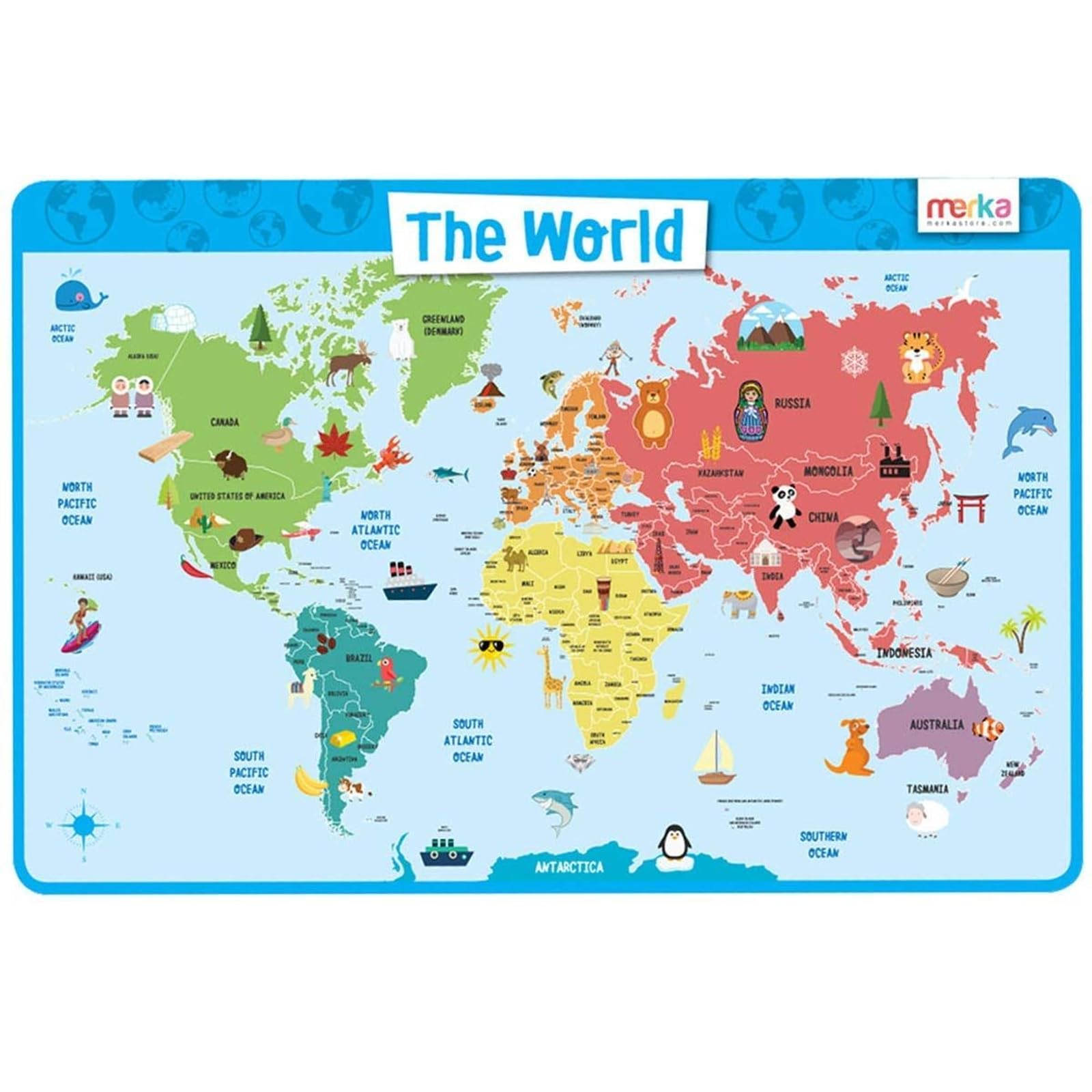 merka world map placemat on a dining table with colorful continents supporting early geography skills.