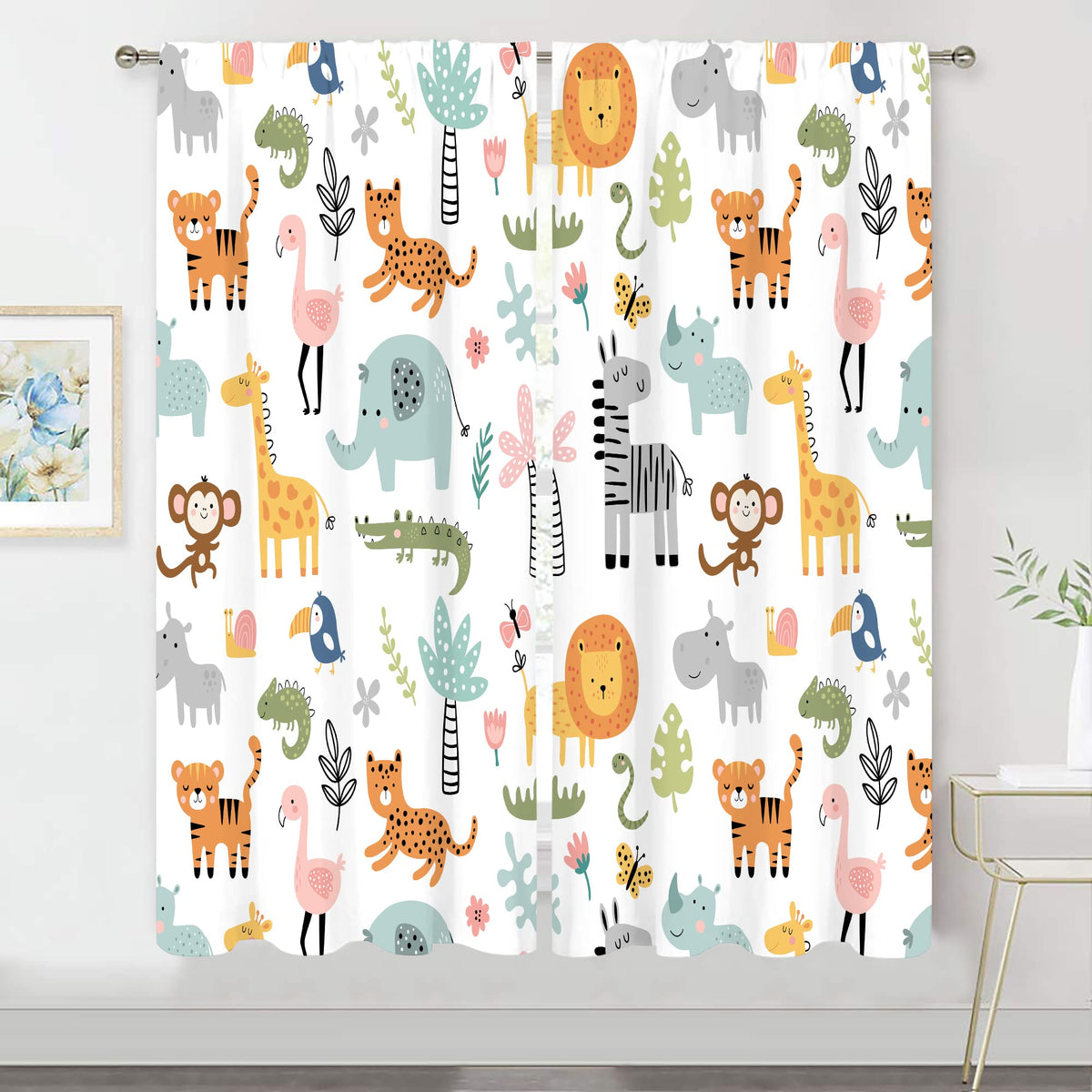 MESHELLY Kids Safari Curtains panel 1 frame a playful room mood with bright, kid-safe decor.