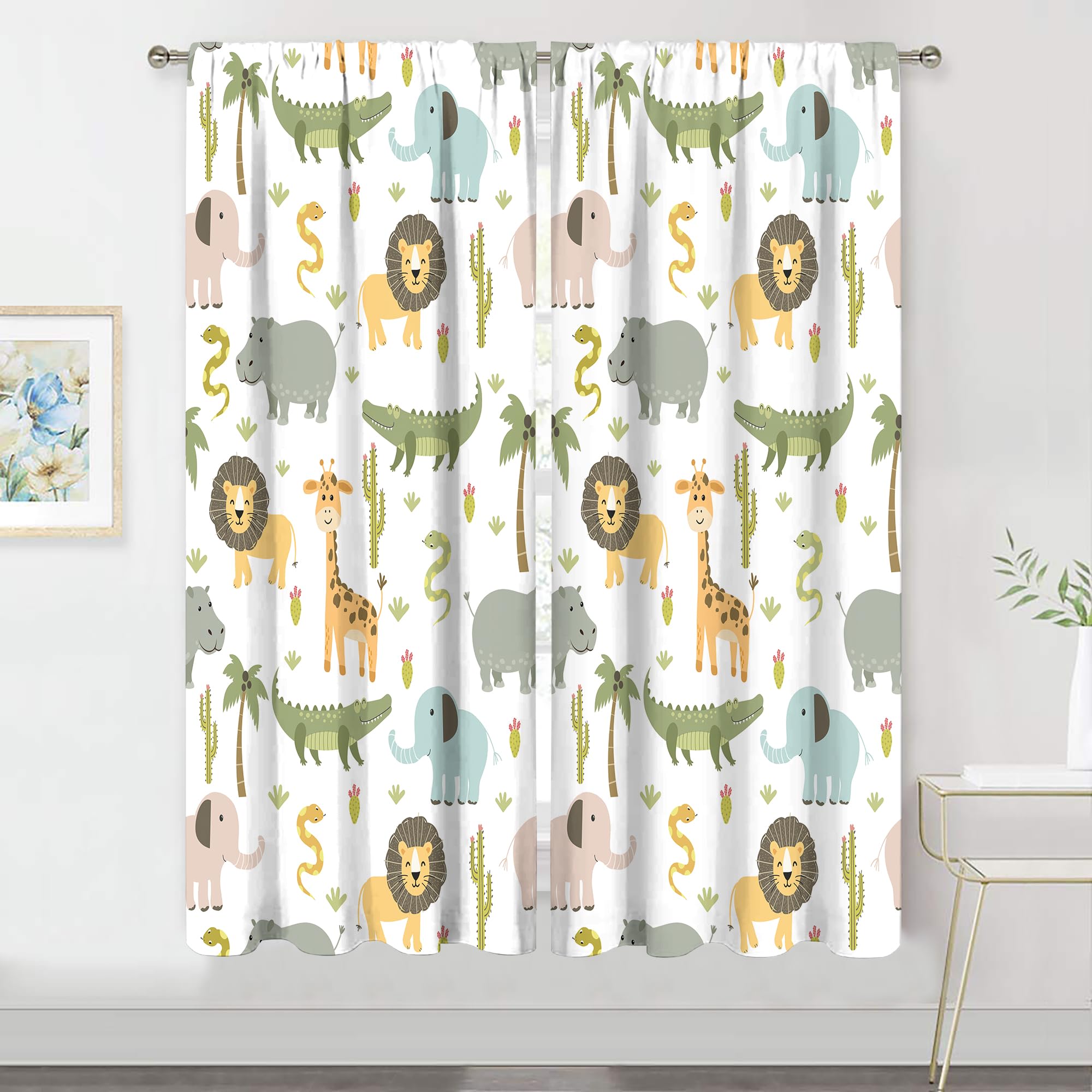 MESHELLY safari animals curtains softly filter nursery light for quiet playtime.