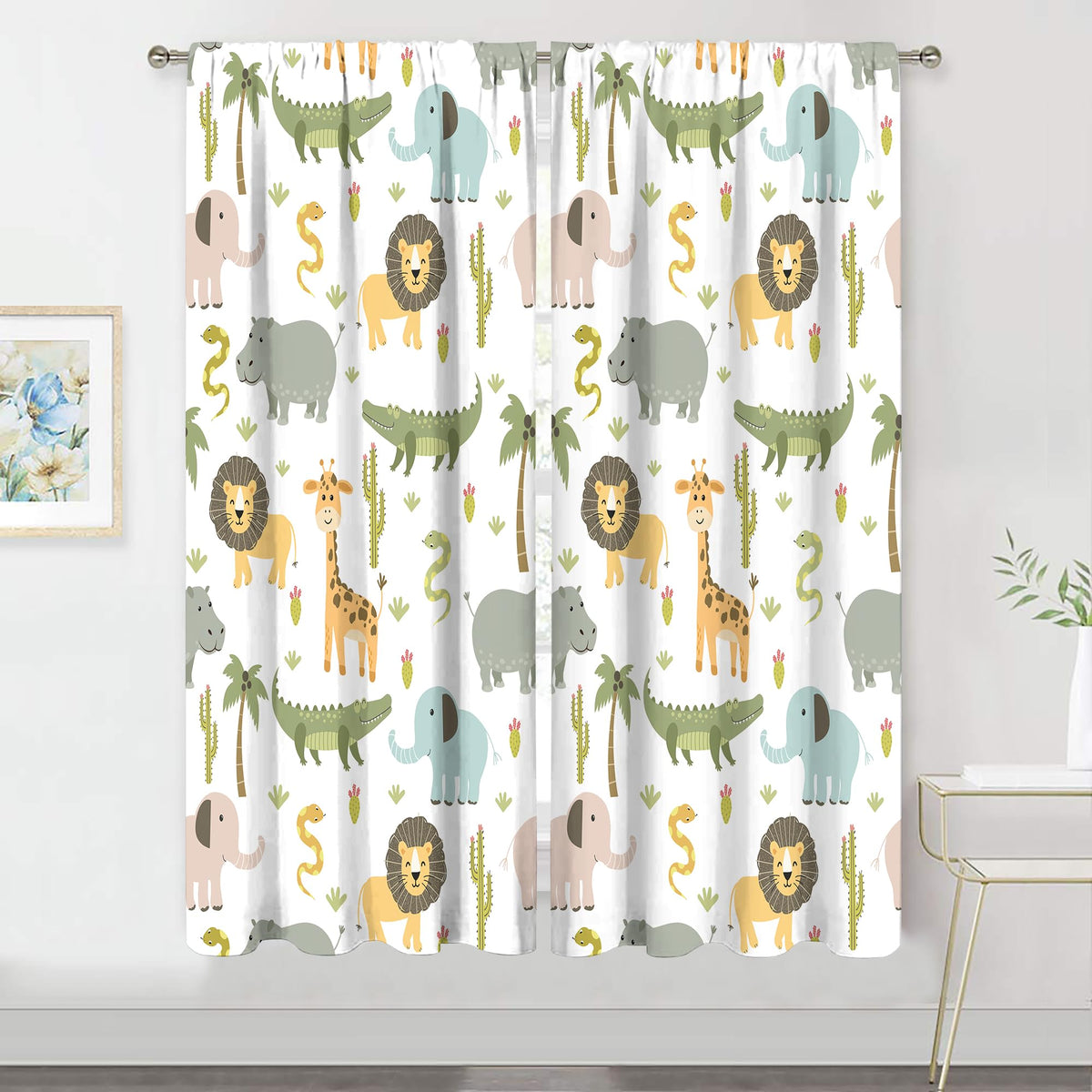 MESHELLY safari animals curtains softly filter nursery light for quiet playtime.