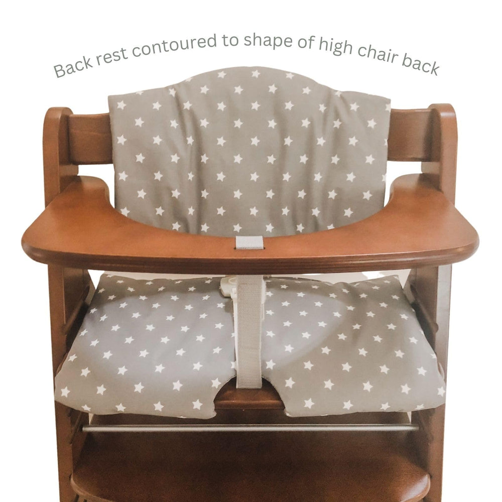 Messy Me highchair cushion velcro-fastening enables quick fit behind the seat.