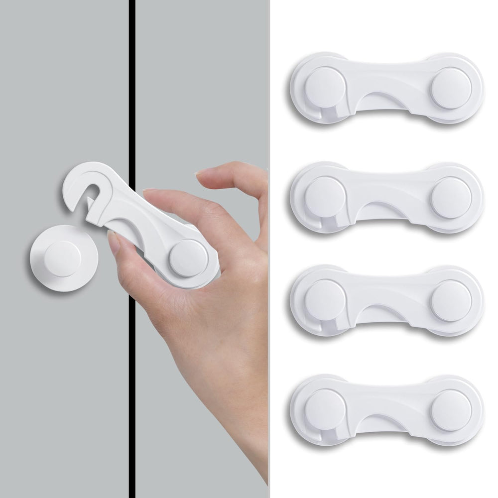Metoluar child safety lock on refrigerator using 3M adhesive for quick no-drill installation.