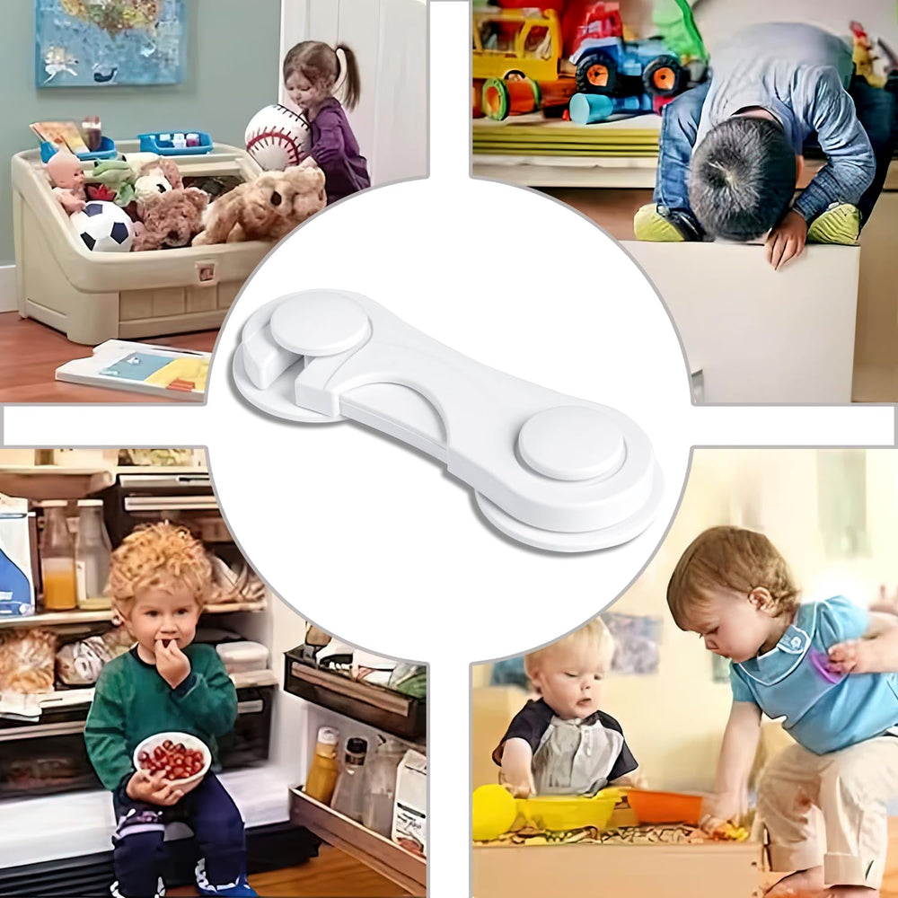 Metoluar child safety lock securing a drawer for safe toy storage.