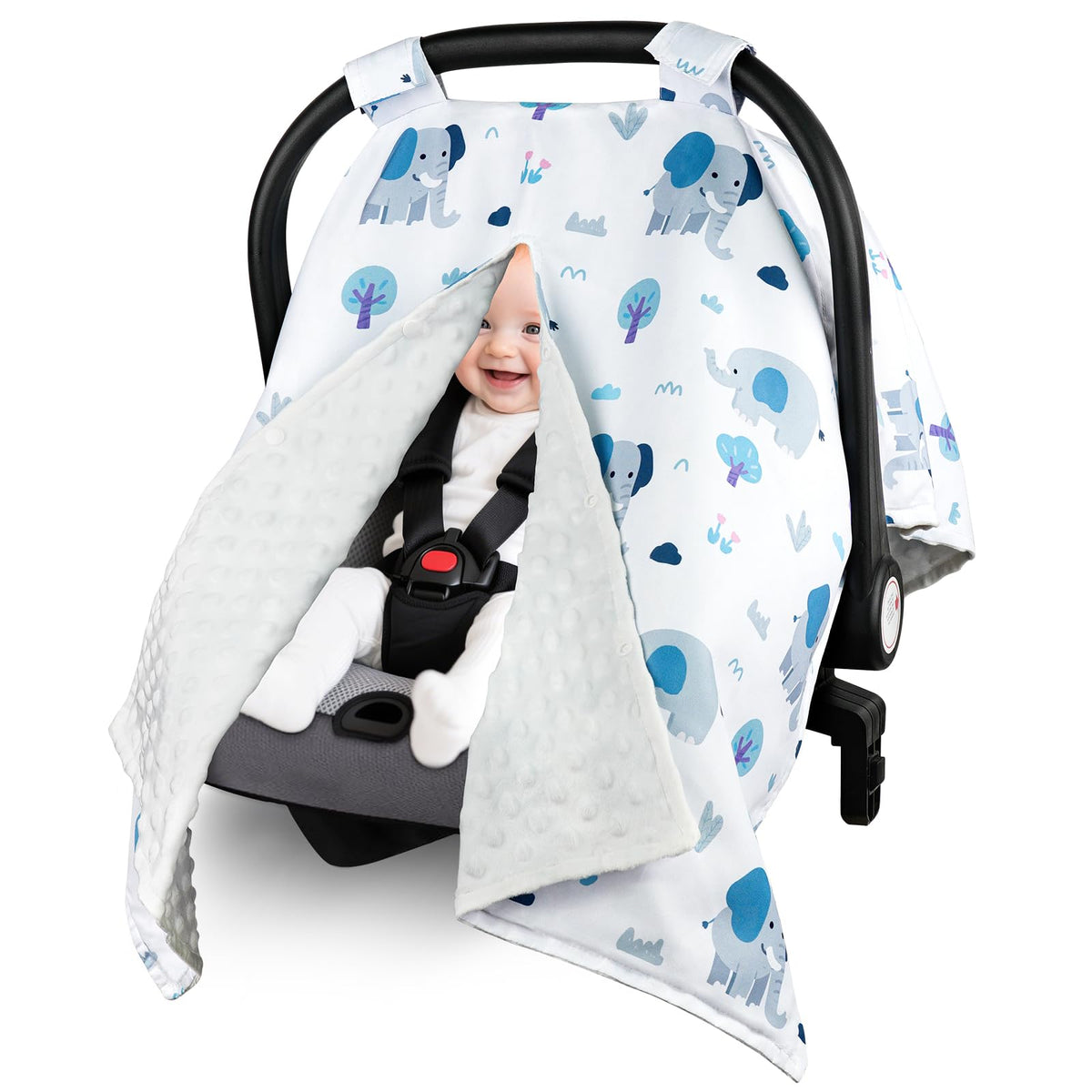 Metplus car seat cover peekaboo opening enables quick baby checks on the go.