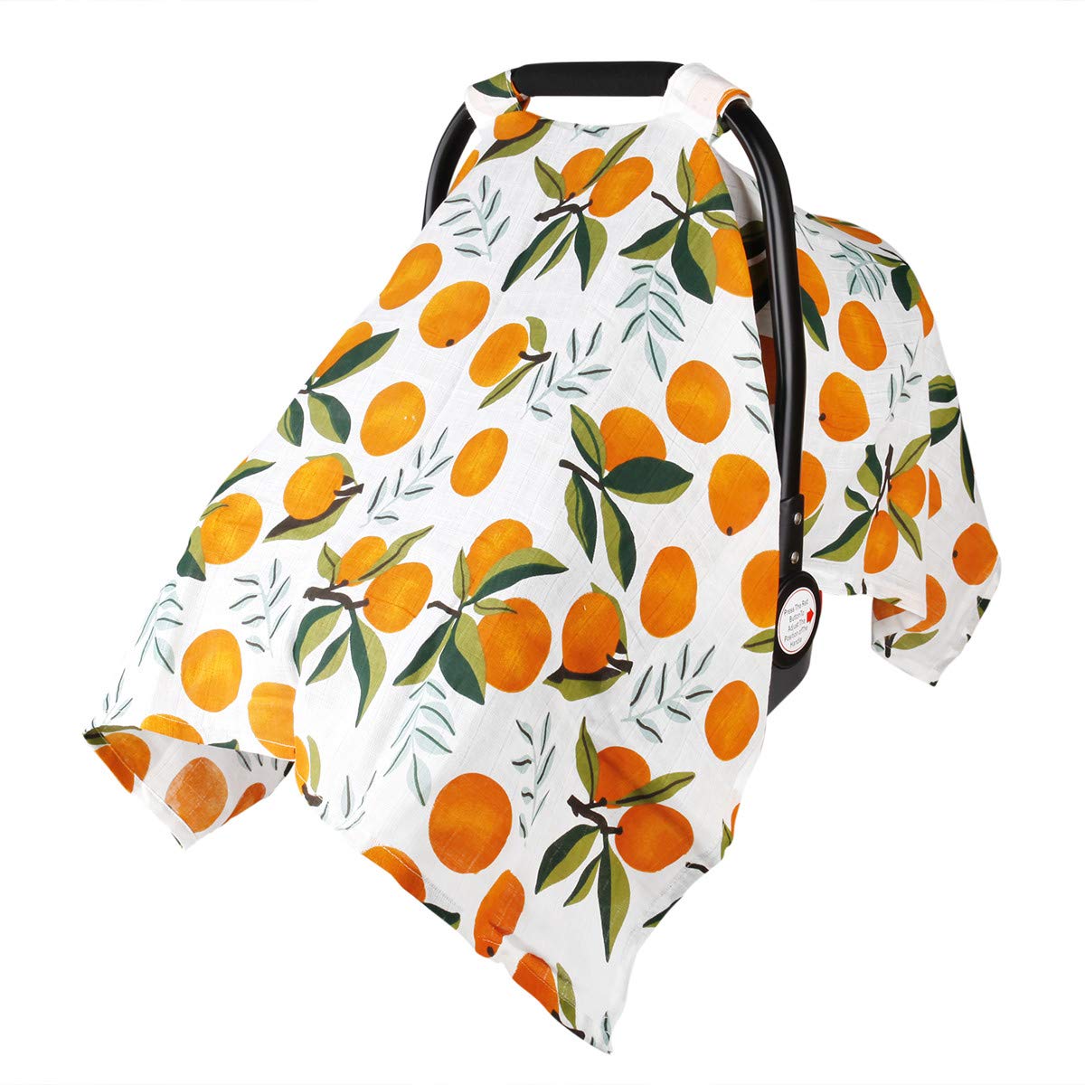 Metplus baby car seat cover in oranges covers the seat for sun and privacy.