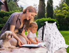 Metplus canopy on a stroller demonstrates versatile sun protection.