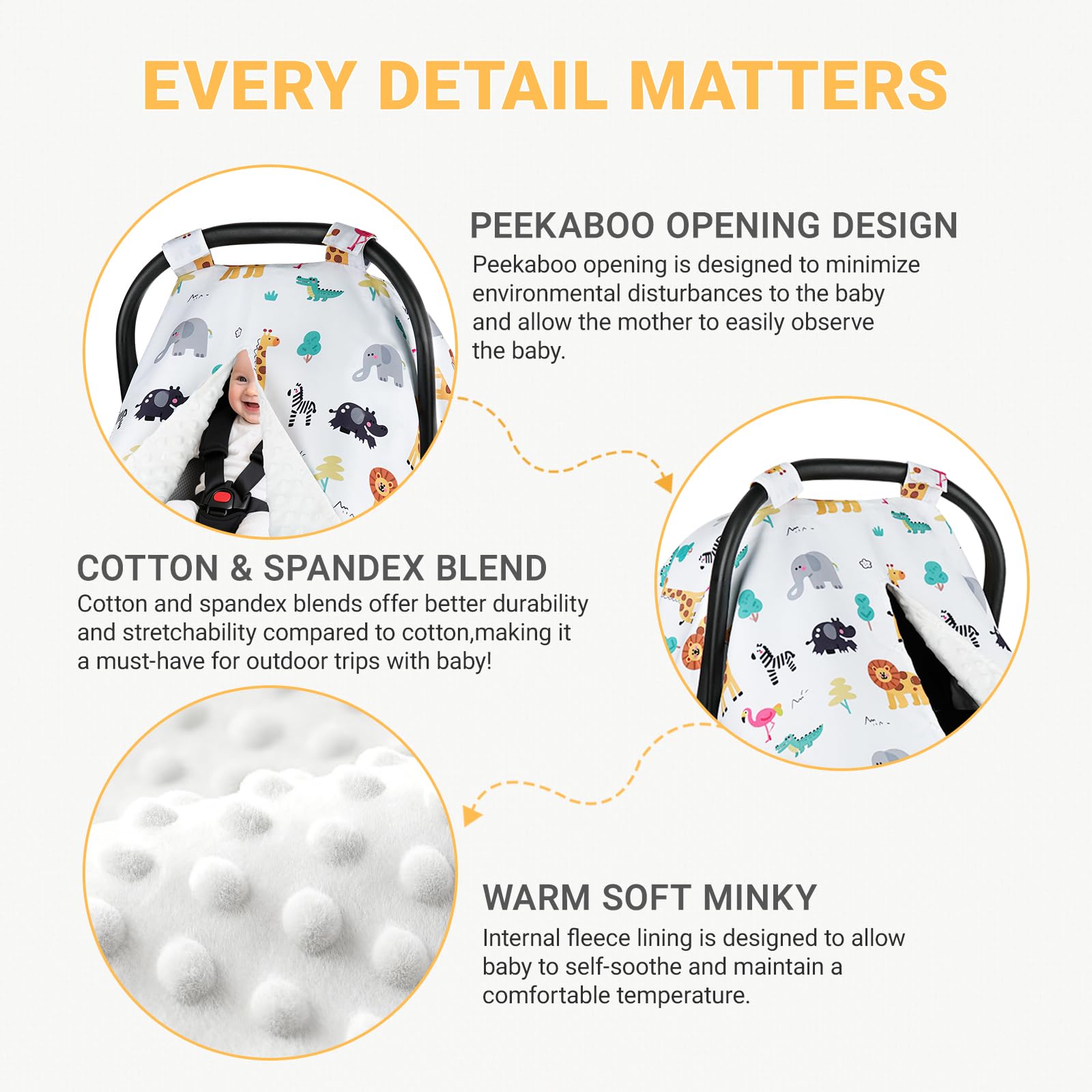 Metplus car seat canopy featuring soft Minky lining for soothing touch