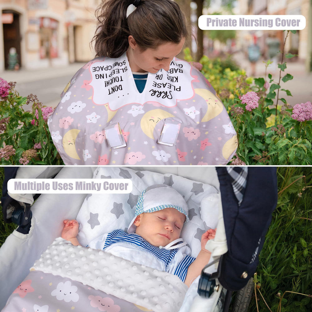Metplus cover doubles as nursing, stroller, or blanket for versatile use.