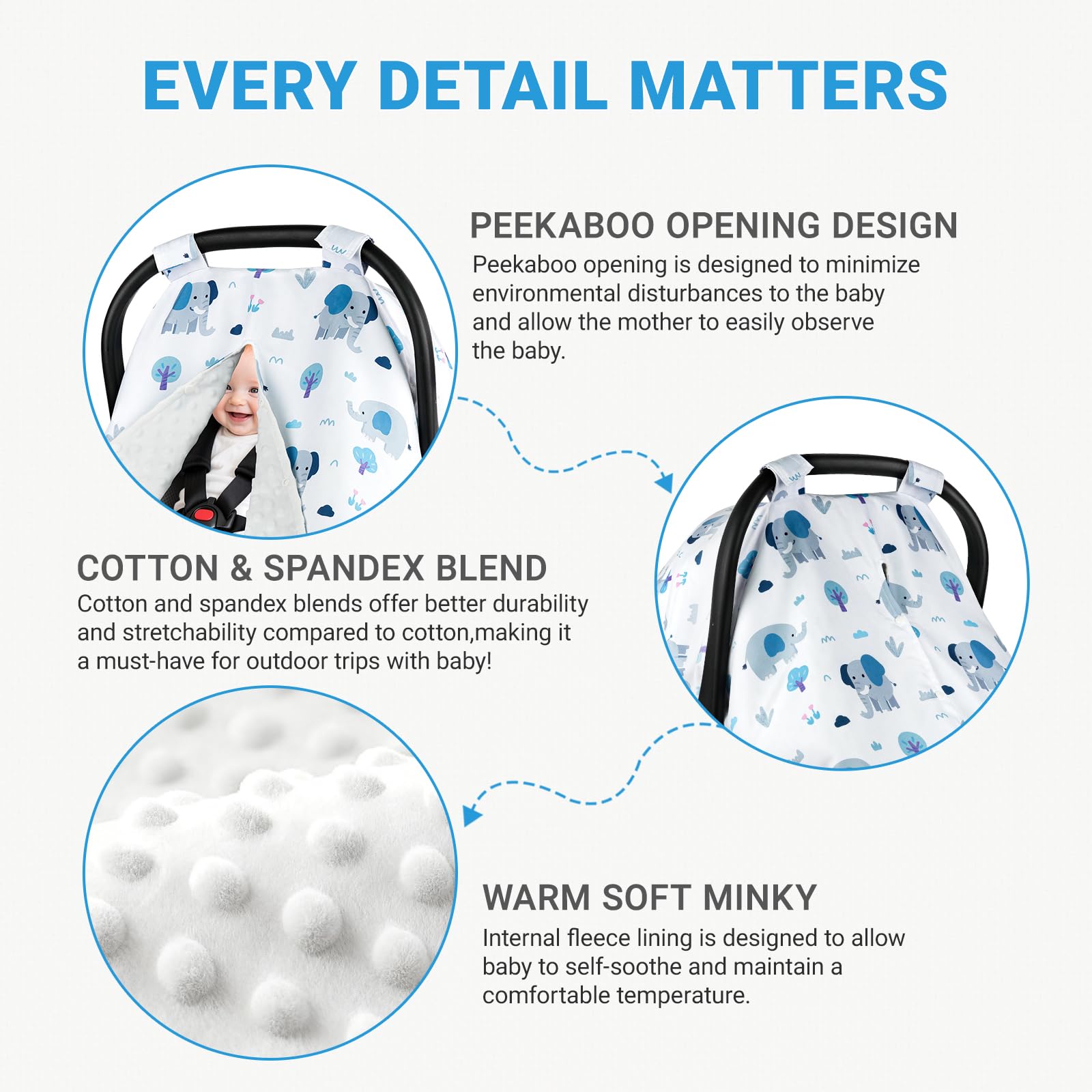 Metplus car seat cover with soft Minky lining for soothing baby during rest.