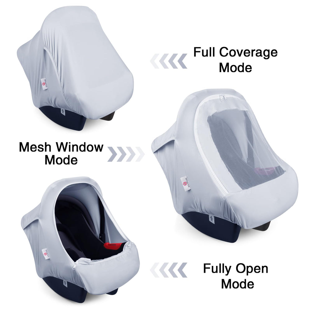 Metplus carseat canopy mesh window provides breathable ventilation for comfortable ride.