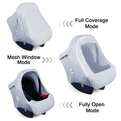 Metplus carseat canopy mesh window provides breathable ventilation for comfortable ride.