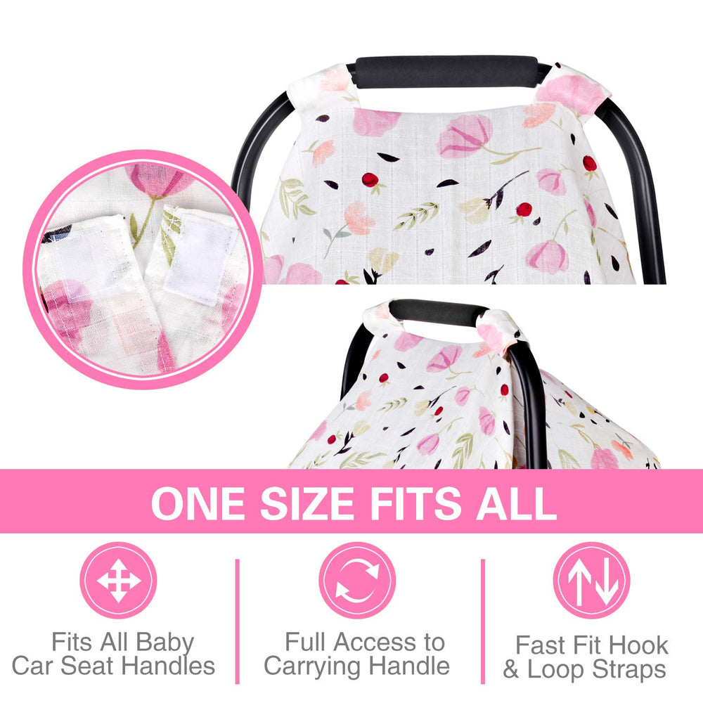 Metplus infant car seat cover uses breathable cotton muslin to keep baby comfortable.