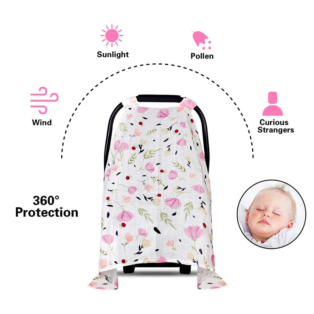 Metplus muslin canopy offers 360-degree coverage for sun protection and gentle airflow.