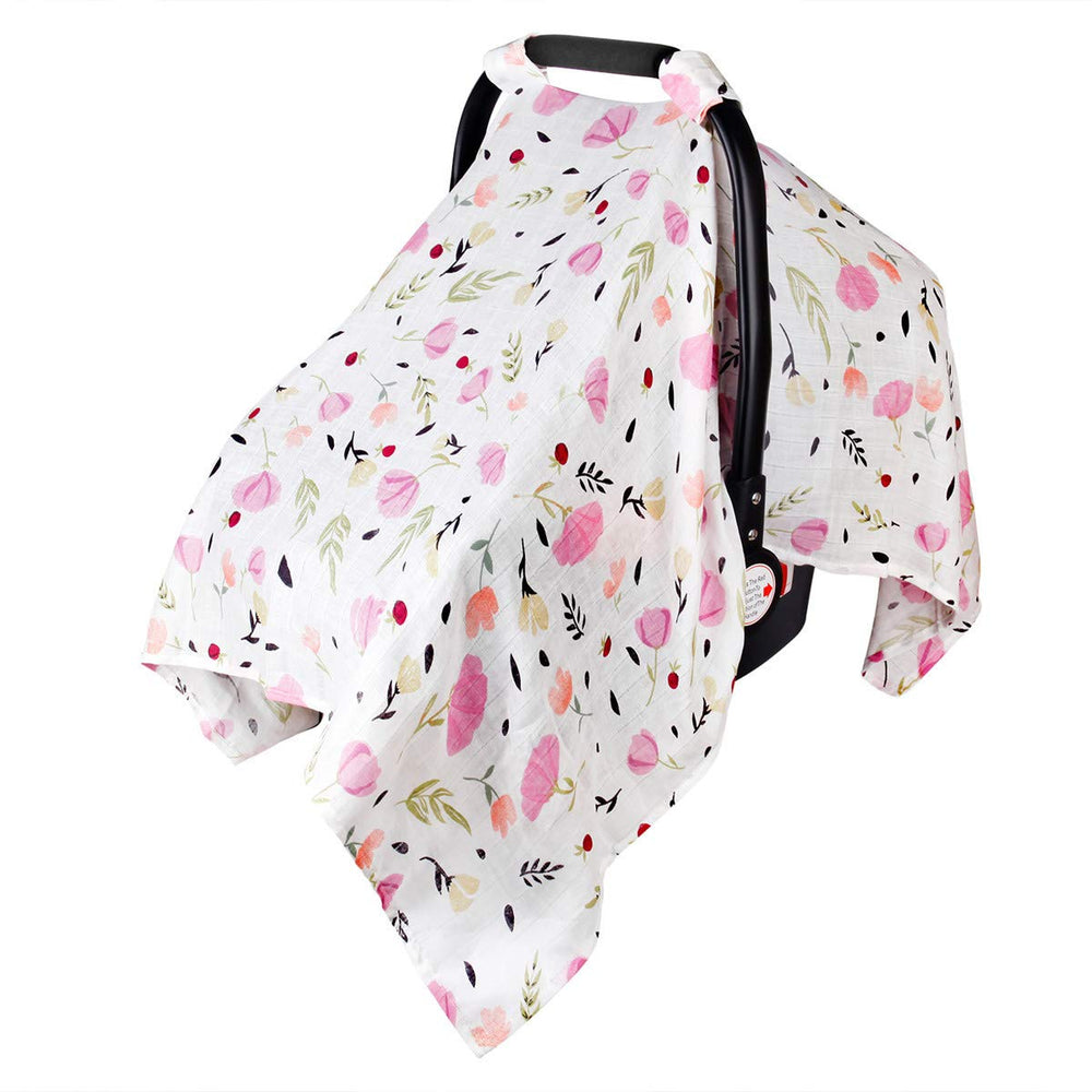 Metplus muslin baby car seat canopy purple flower folded for compact privacy on the go.