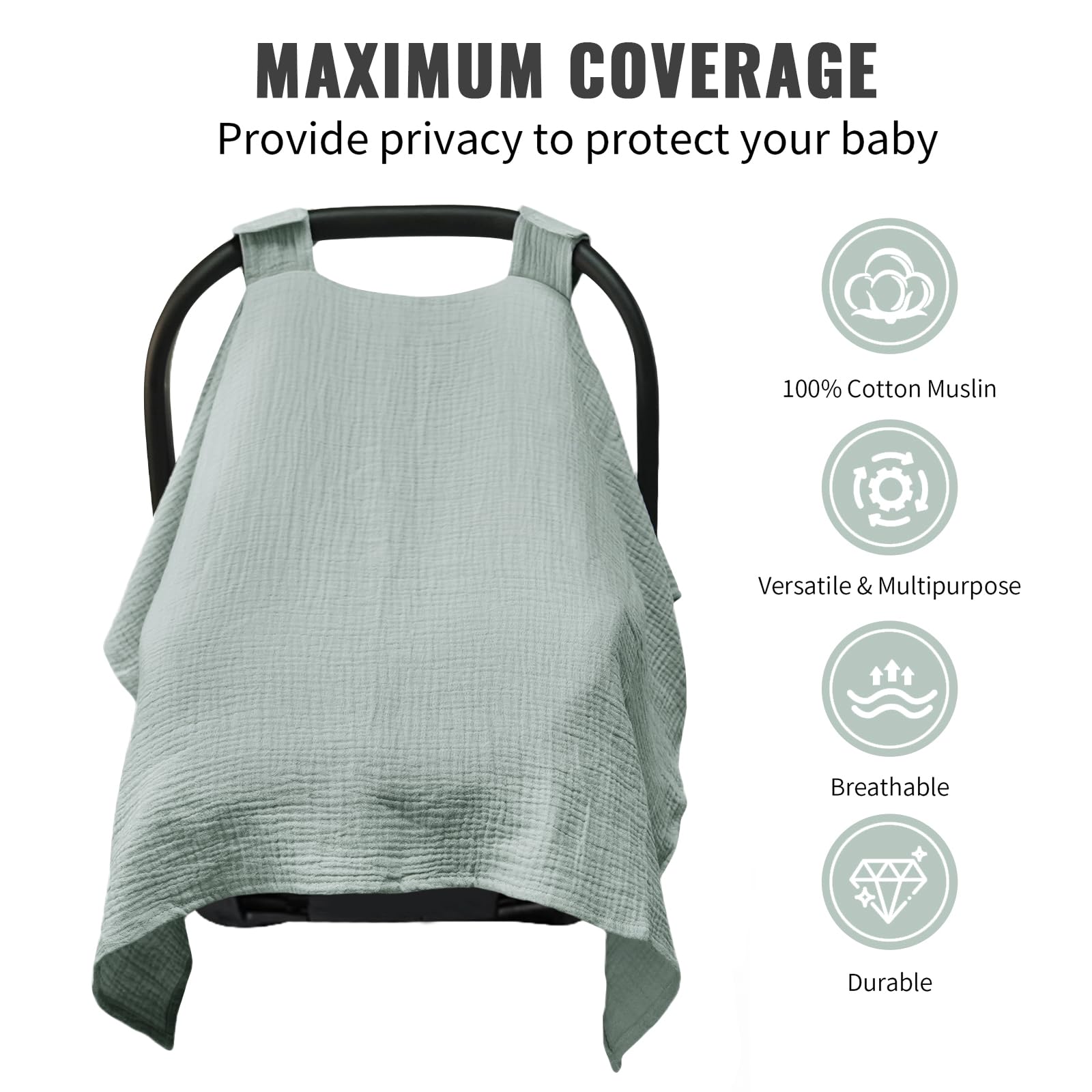 Metplus Muslin Car Seat Cover breathable muslin fabric provides soft, gentle touch for delicate skin.