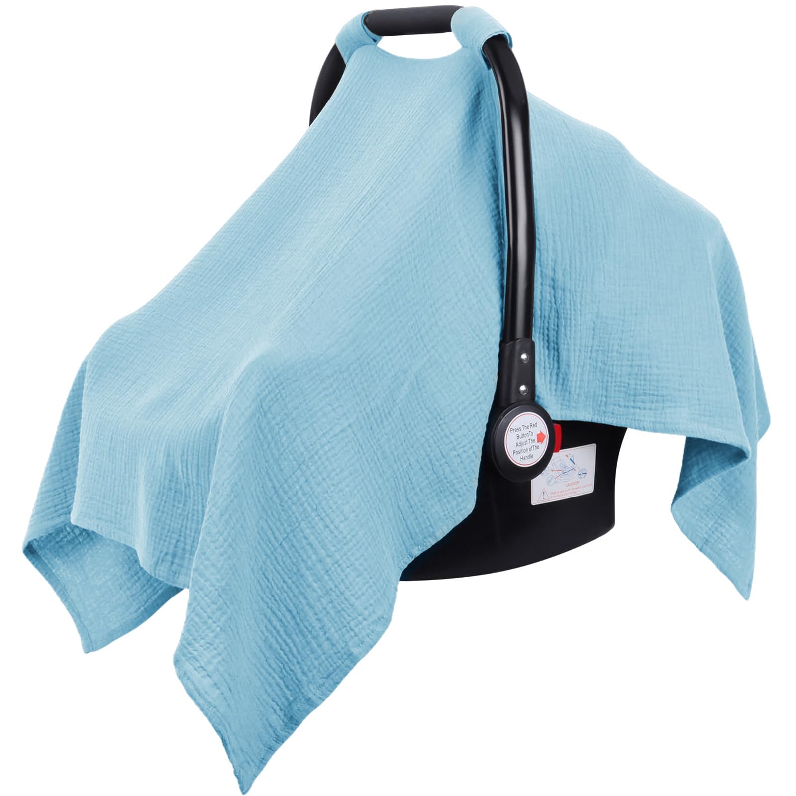 Metplus Muslin Car Seat Cover closeup shows breathable fabric for baby comfort on the go.