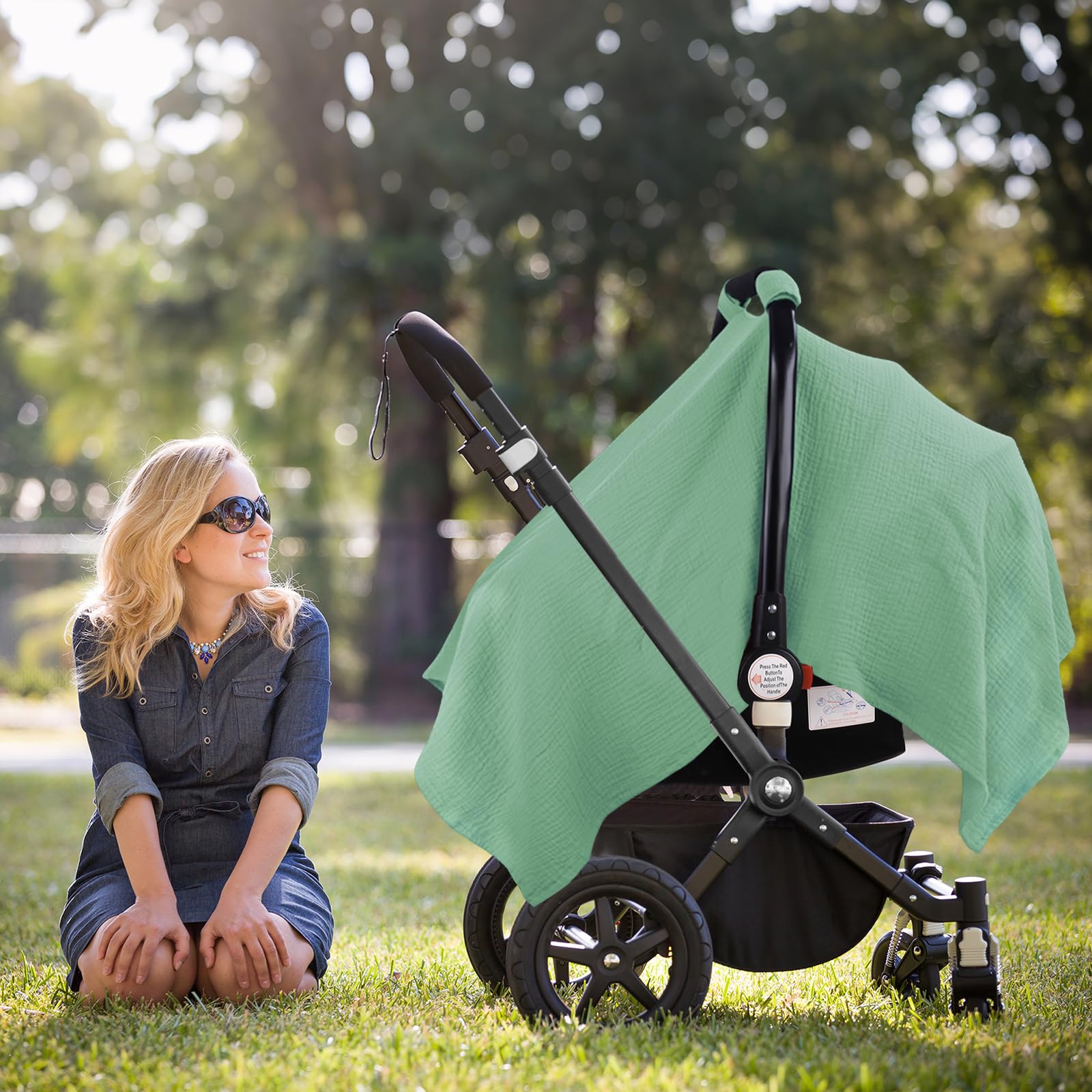 Metplus Muslin Car Seat Cover fits most strollers for easy travel.