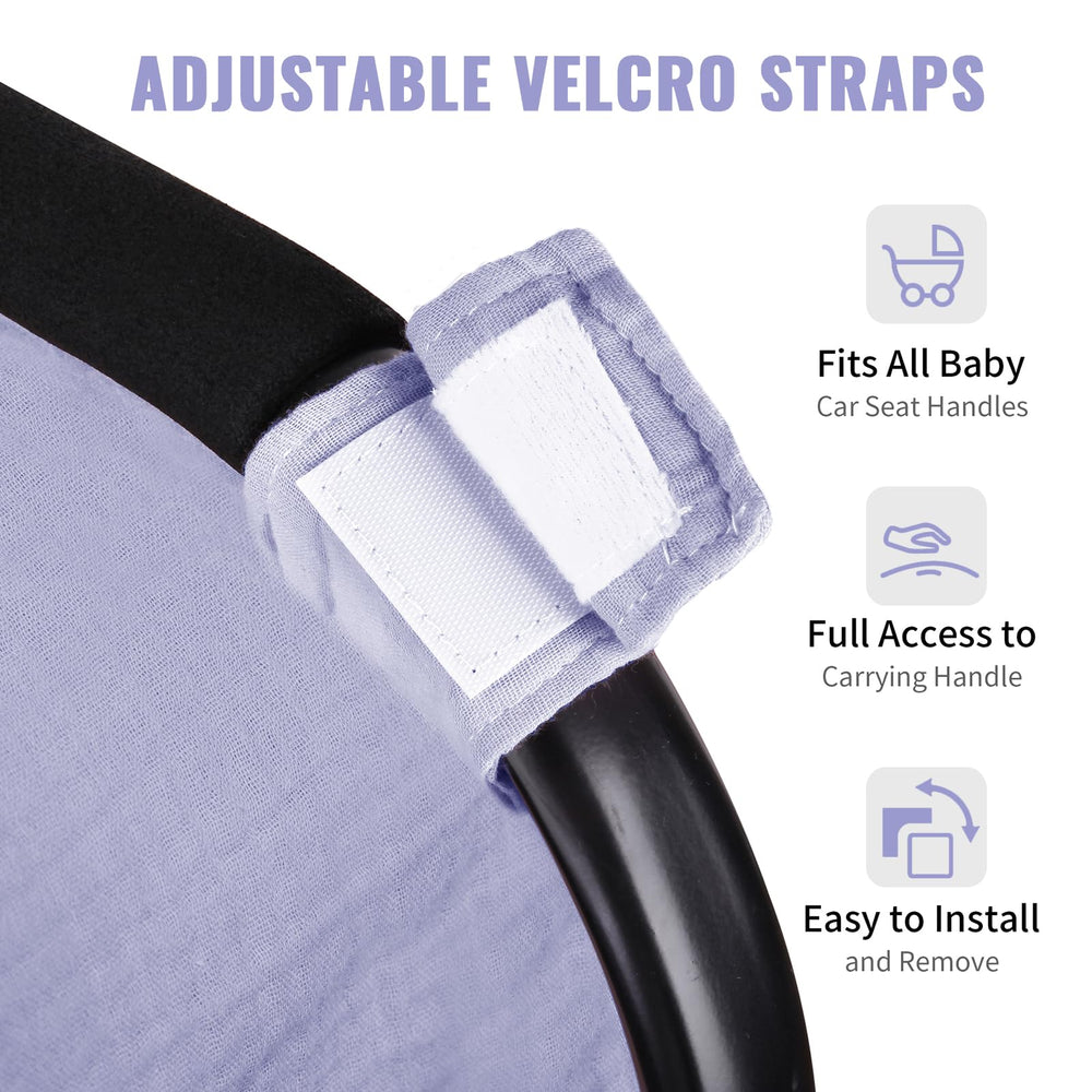 Metplus muslin car-seat cover in use as a canopy for baby sun protection.