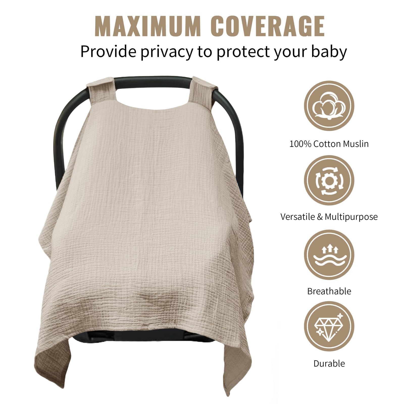 Metplus Muslin Car Seat Cover on stroller demonstrating universal fit for most strollers