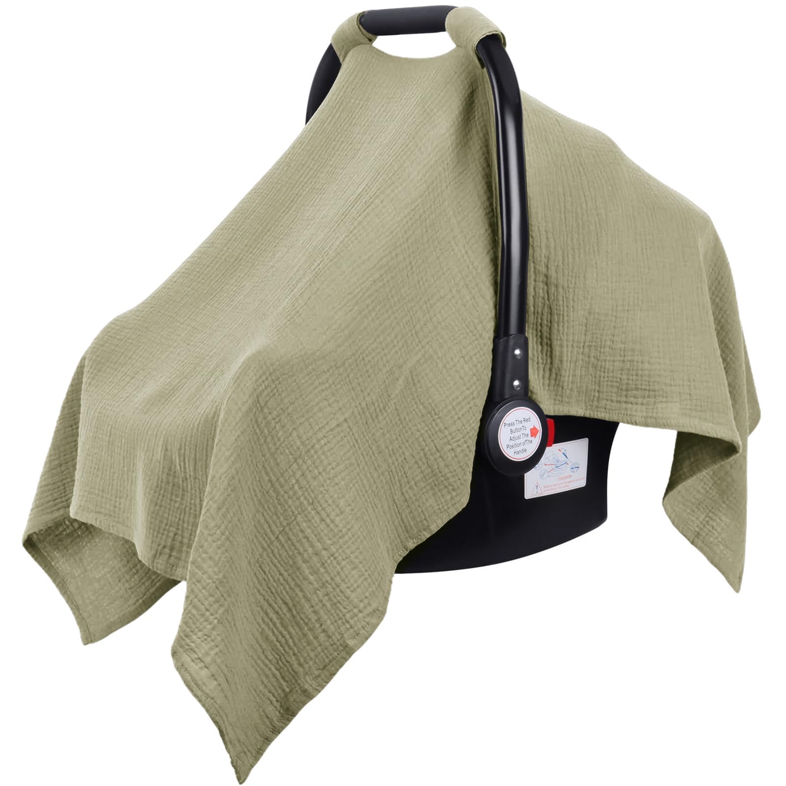 Metplus Muslin car seat cover close-up shows soft, breathable fabric for baby comfort.