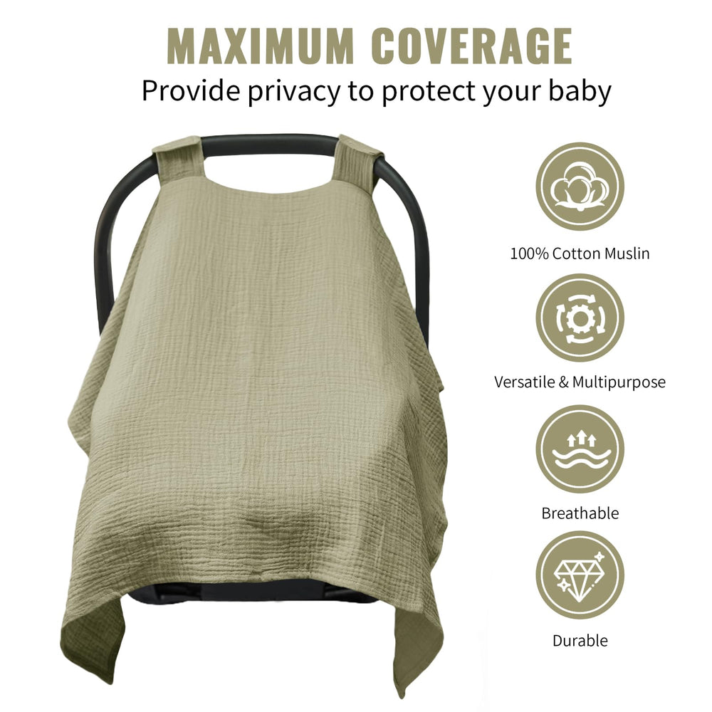 Metplus Muslin car seat cover with UV protection for sunny outings.