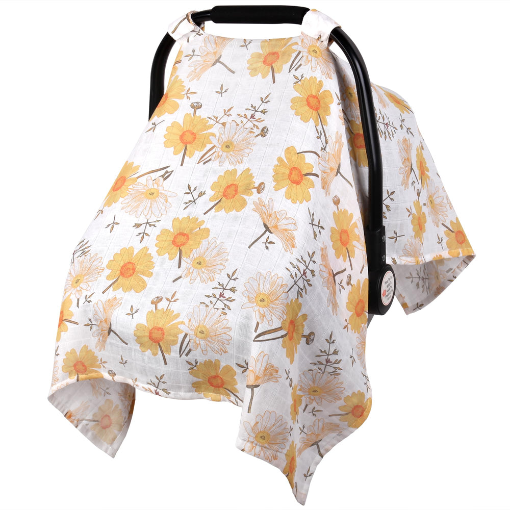 Metplus muslin carseat cover shows 360-degree coverage for sun and wind protection