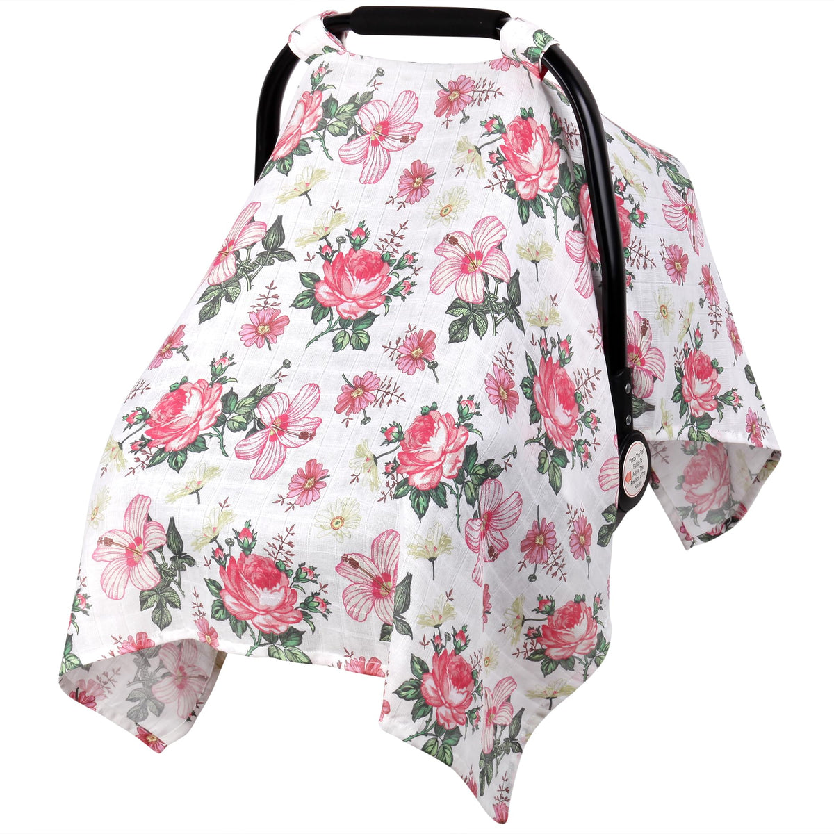 Metplus muslin carseat cover on baby offering soft UV protection and privacy
