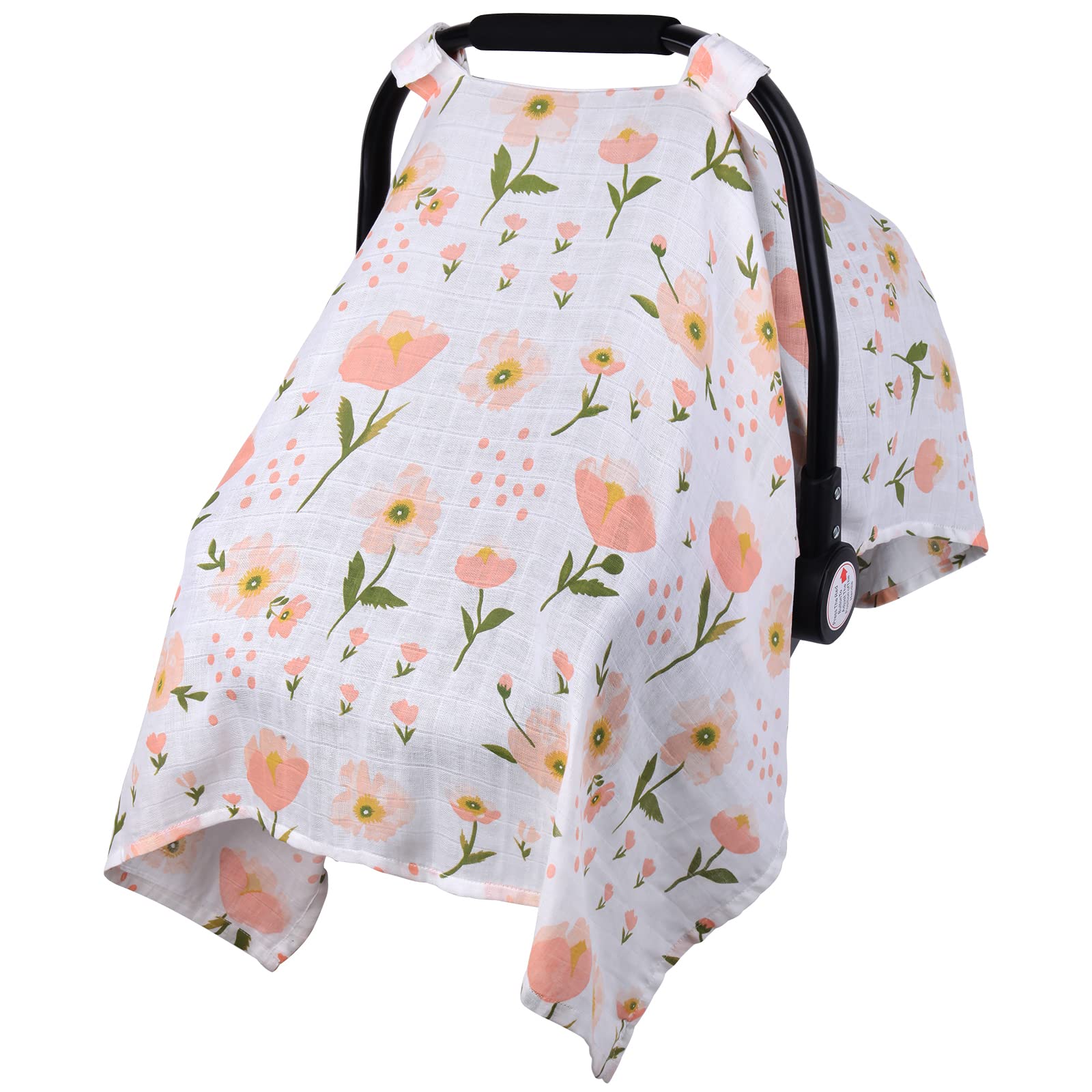 Metplus muslin carseat cover in pink floral for sun and wind protection.